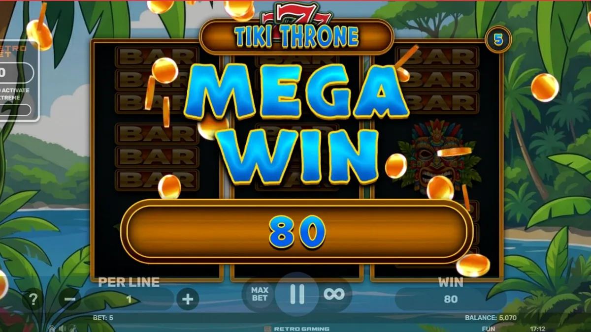 777 – Tiki Throne slot machine interface na may mga tiki symbols at retro fruit icons