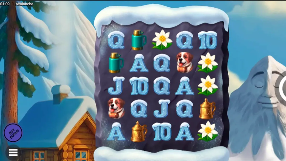 Isang makulay na screenshot ng Avalanche slot na nagpapakita ng mga yeti at cascading symbols sa isang snowy mountain background.